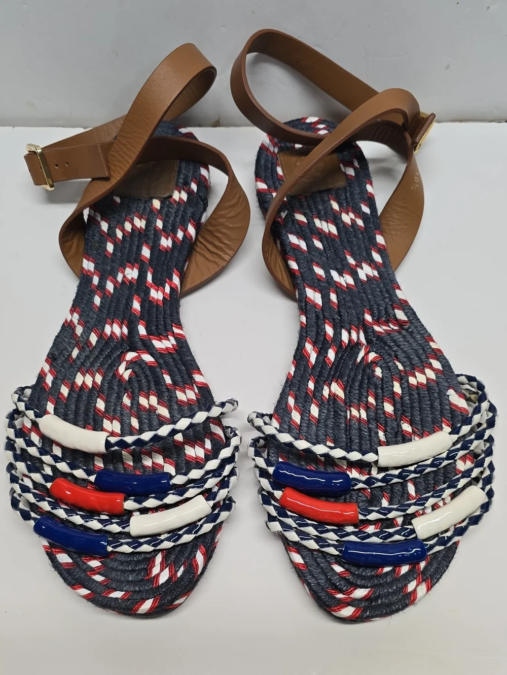 {Tory Burch} Nautical Flat Sandals - Red White Blue - Size 10.5